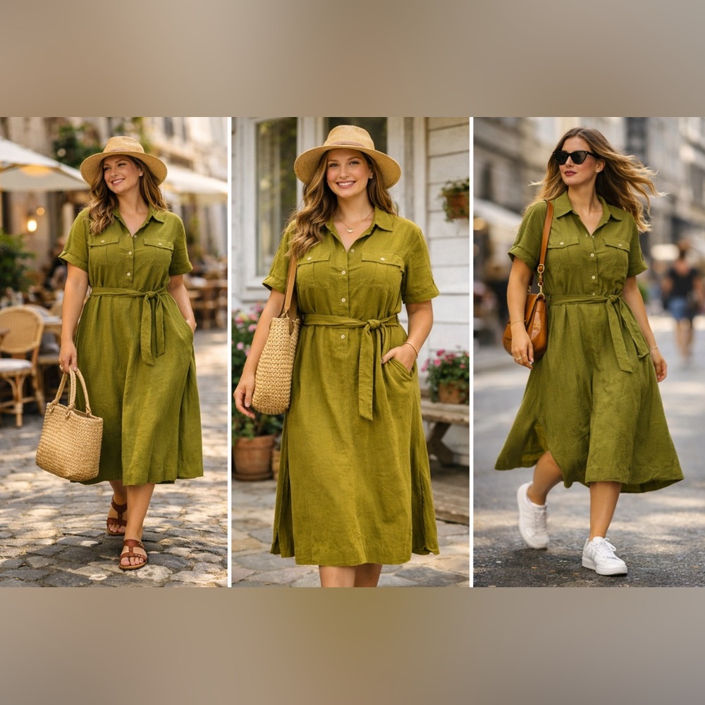Alex Mill Olive Utility Midi Dress Tie Waist Shirt Dress Safari Chic Size Medium